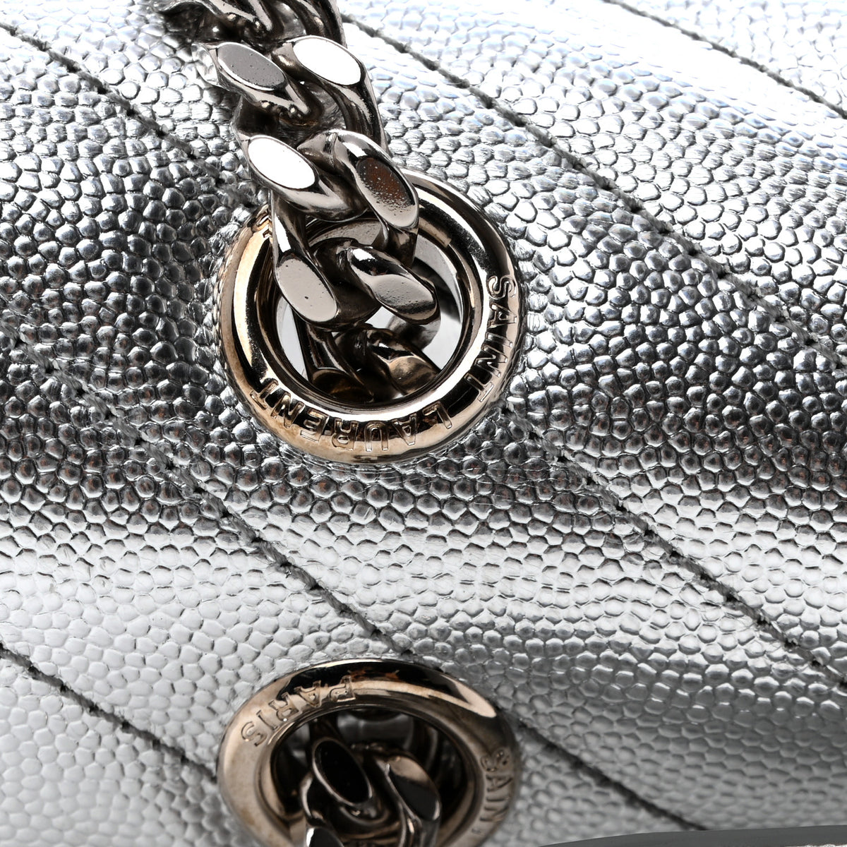 Saint Laurent Metallic Grain De Poudre Matelasse Chevron Medium Monogram Satchel Silver 11 of 14