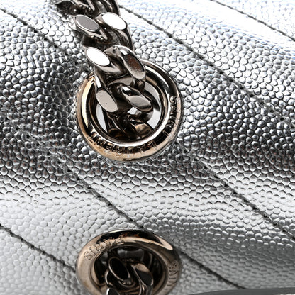 Saint Laurent Metallic Grain De Poudre Matelasse Chevron Medium Monogram Satchel Silver 11 of 14