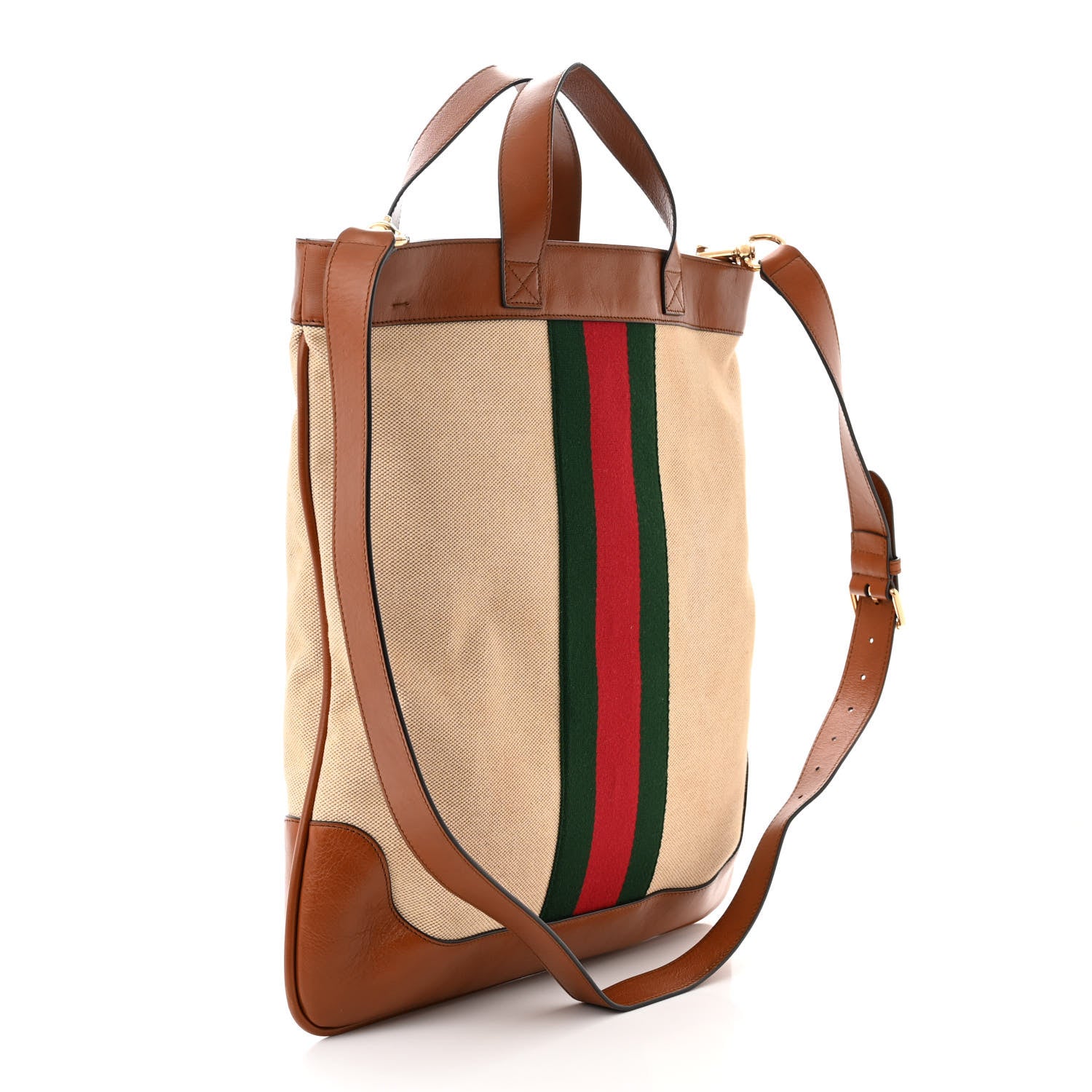 Gucci Vintage Canvas Calfskin Web Flat Tote Sand Light Cuir 3 of 11