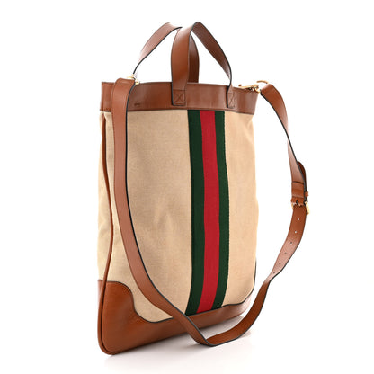 Gucci Vintage Canvas Calfskin Web Flat Tote Sand Light Cuir 3 of 11