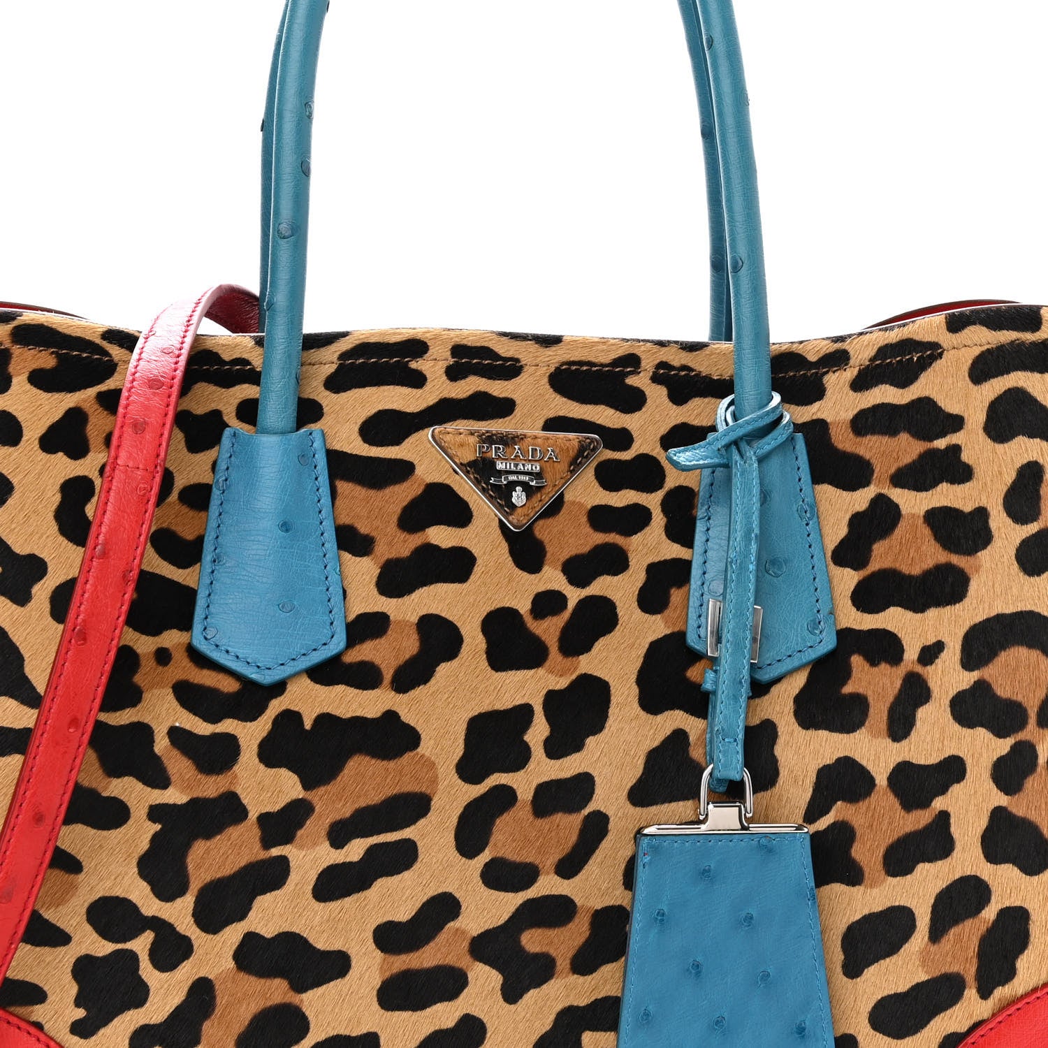 Prada Calf Hair Ostrich Leopard Print Medium Double Bag Miele Voyage 6 of 8