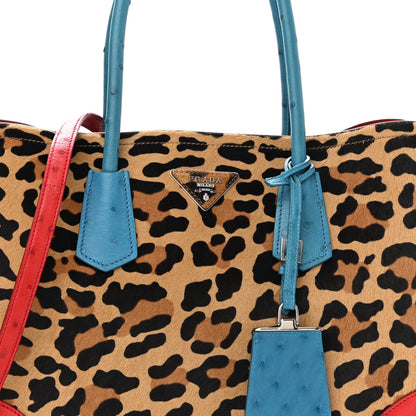 Prada Calf Hair Ostrich Leopard Print Medium Double Bag Miele Voyage 6 of 8