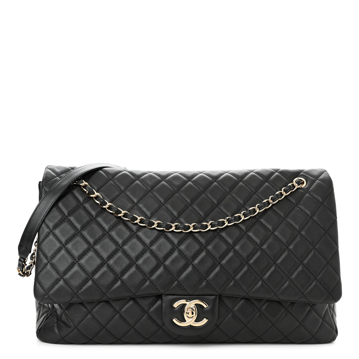 Calfskin Quilted XXL Travel Flap Bag Black