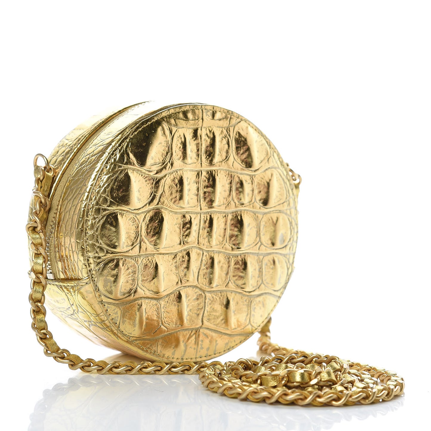Metallic Calfskin Crocodile Embossed Cocodile Round Clutch with Chain Gold
