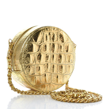 Chanel Metallic Calfskin Crocodile Embossed Cocodile Round Clutch with Chain Gold 3 of 8