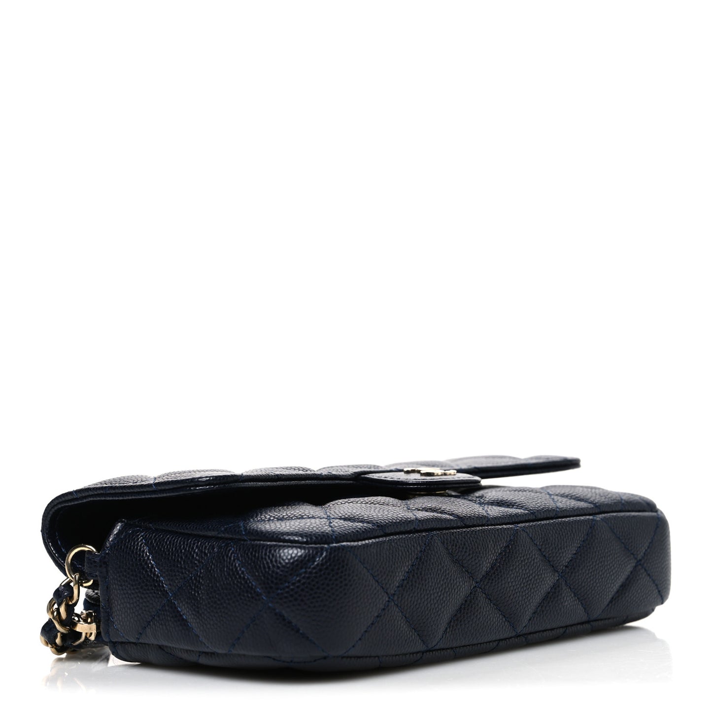 Caviar Quilted Flap Phone Holder With Chain Navy Blue