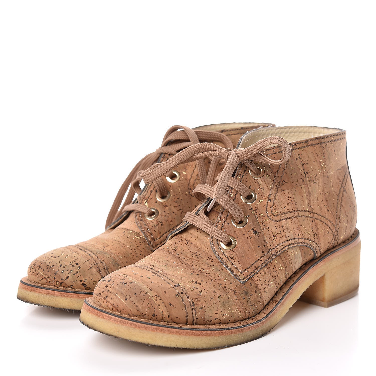Chanel Cork Lace Up Boots 37 Beige Gold 3 of 11