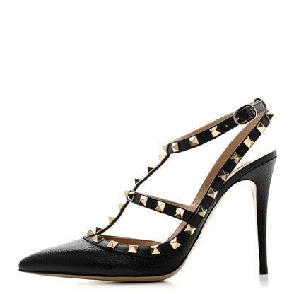 Valentino Garavani Pebbled Calfskin Rockstud Ankle Strap 100mm Pumps 39.5 Black 1 of 12