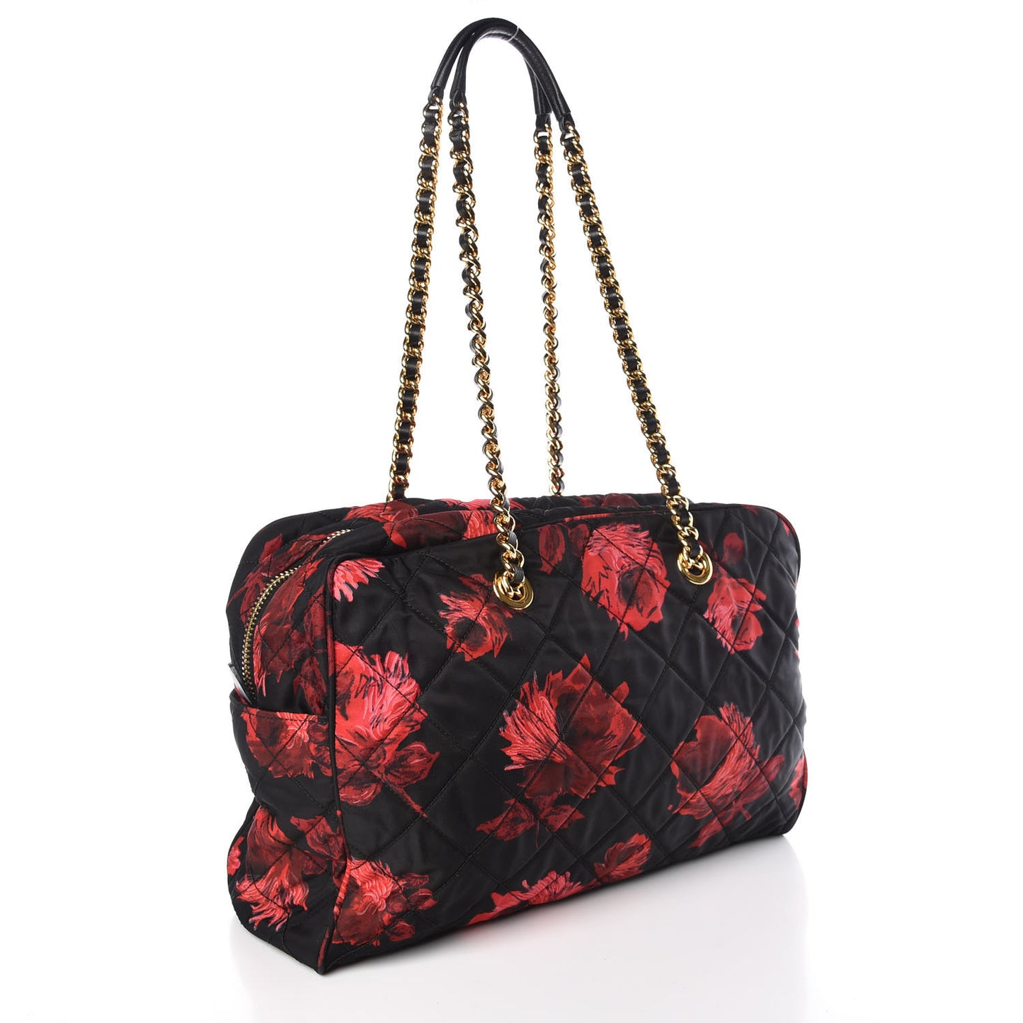 Tessuto Nylon Quilted Rose Chain Shoulder Bag Black Rosso