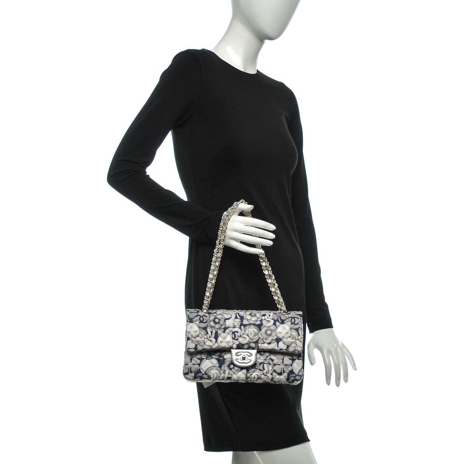 Chanel Nylon Quilted Medium Cat Emoticon Double Flap Navy Grey Ecru 2 of 8