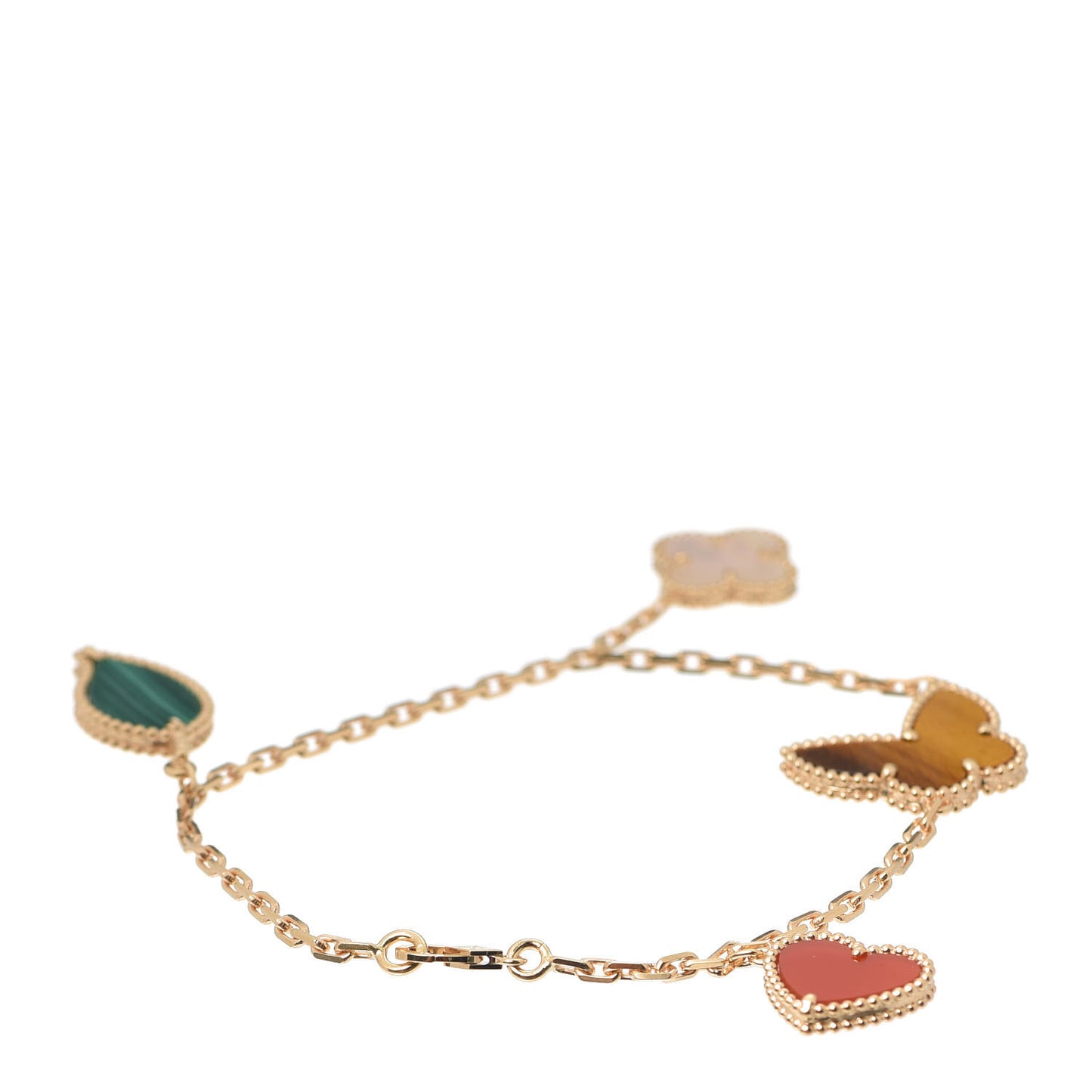 18K Yellow Gold Mother of Pearl Malachite Carnelian Tiger Eye 4 Motifs Lucky Alhambra Bracelet