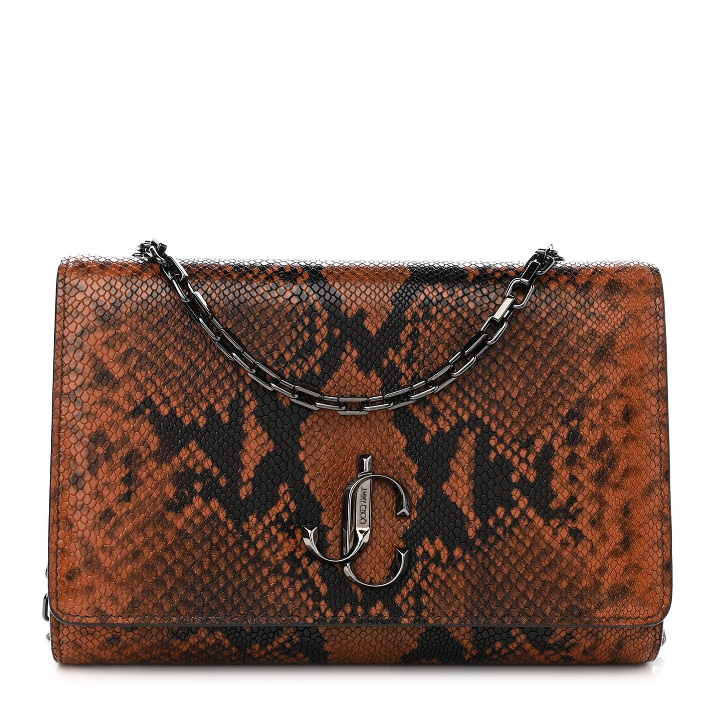 Calfskin Snakeskin Embossed Varenne Chain Clutch Brown