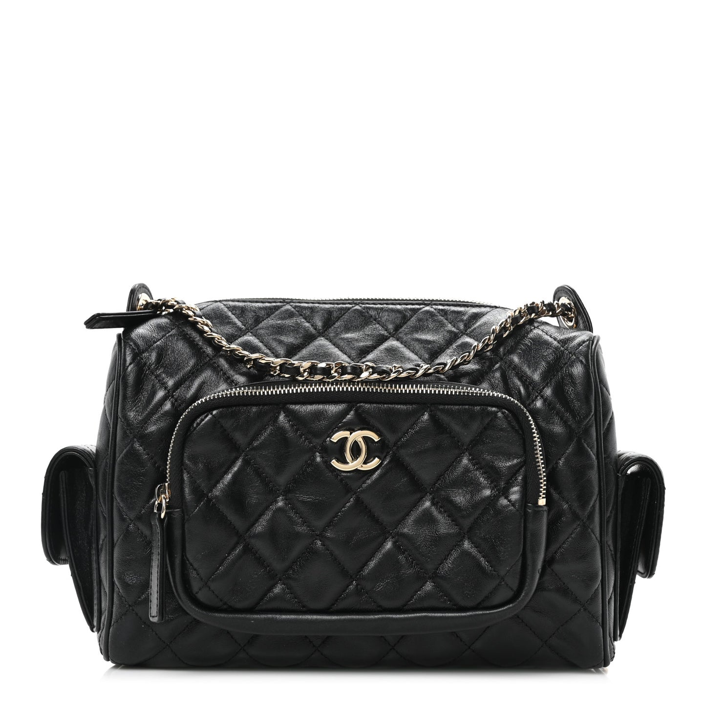 Shiny Crumpled Lambskin Quilted Medium Preppy Pocket Camera Case Black