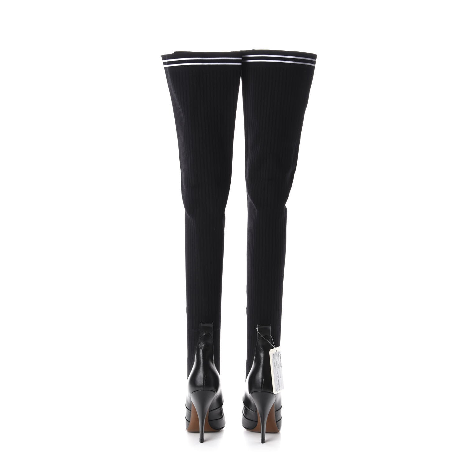 Fendi Vitello Lucido Stretch Fabric Striped Rockoko Thigh High 105mm Sock Boots 38.5 Black 5 of 7