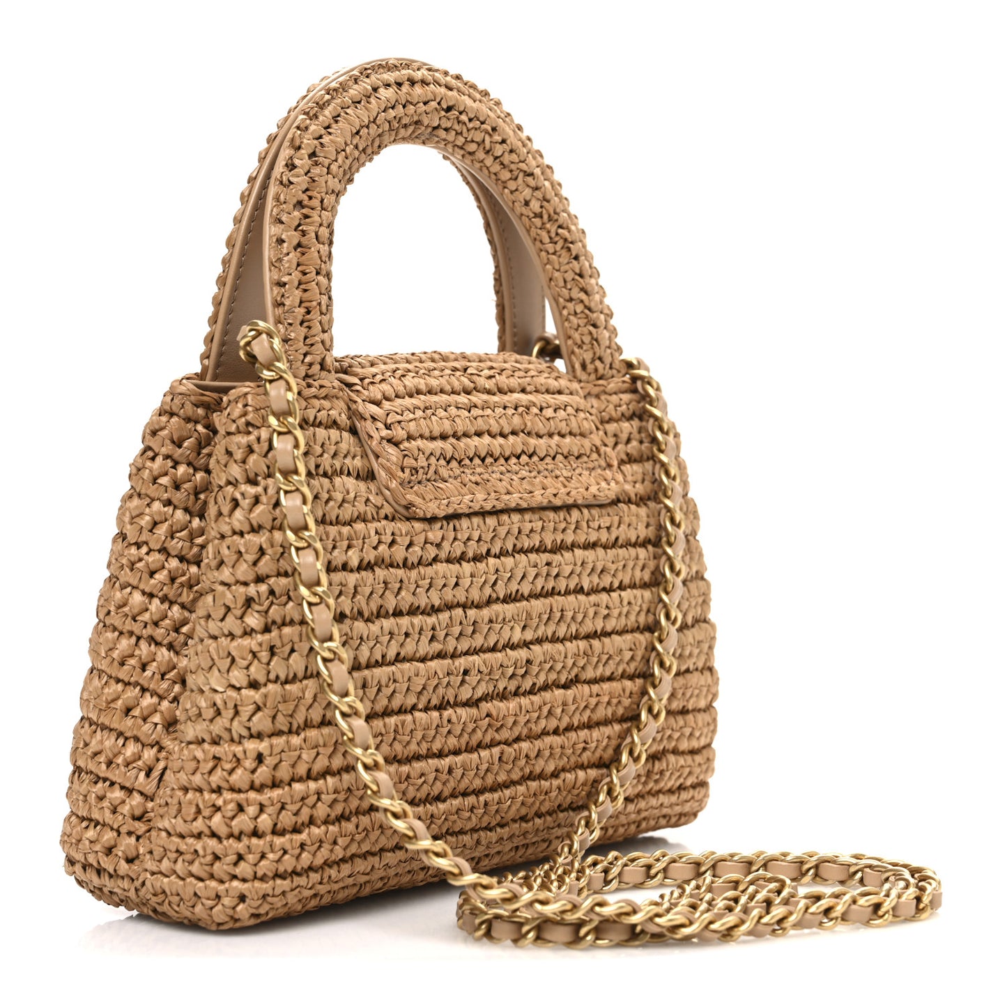 Braided Raffia Nano Kelly Flap Bag Dark Beige