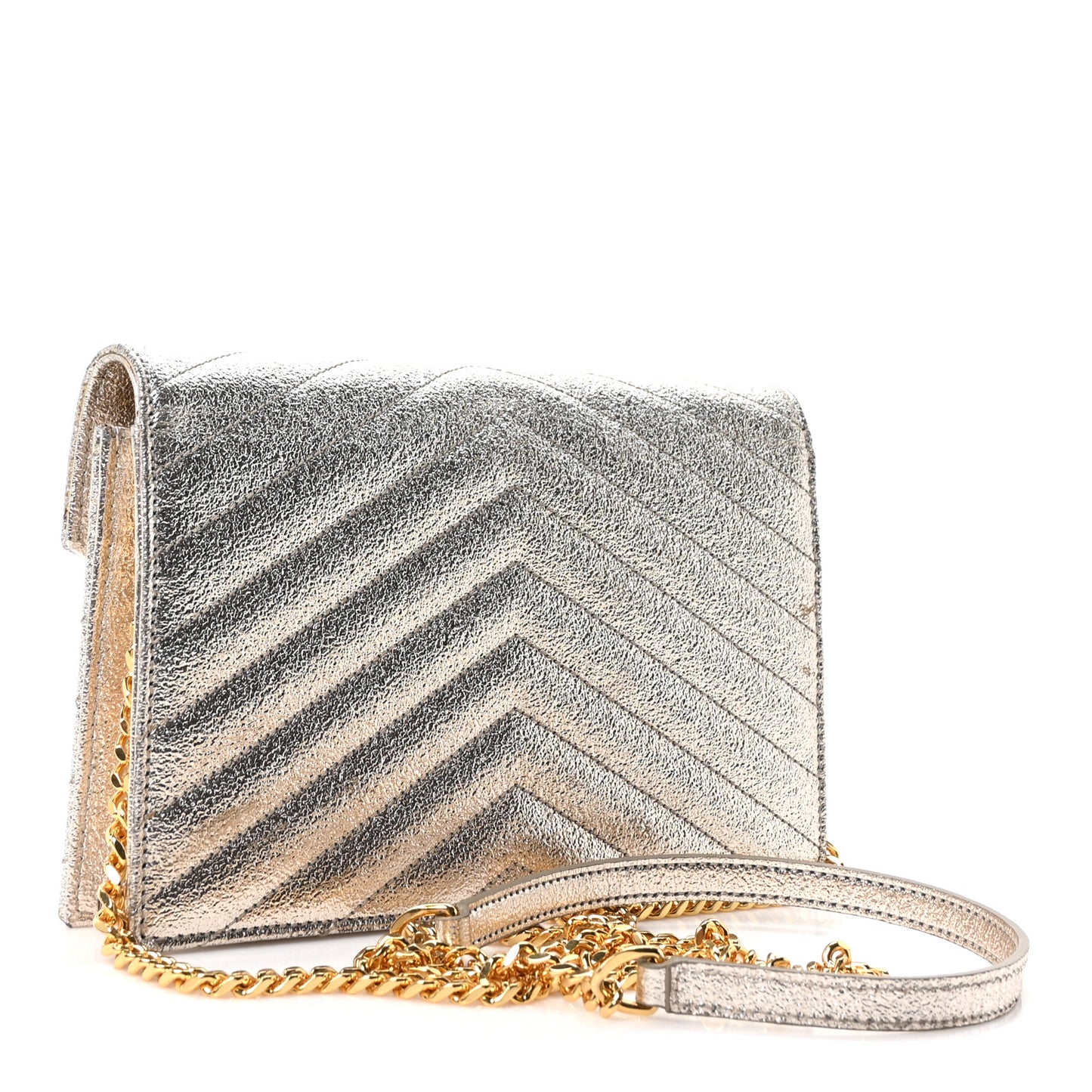 Metallic Crackled Calfskin Matelasse Chevron Monogram Envelope Chain Wallet Gold