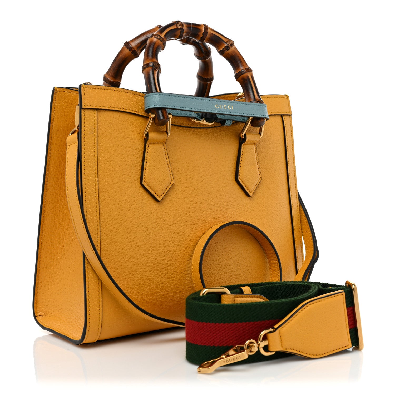 Gucci Textured Dollar Calfskin Web Small Diana Tote Bag Yellow Dusty Azure 3 of 9