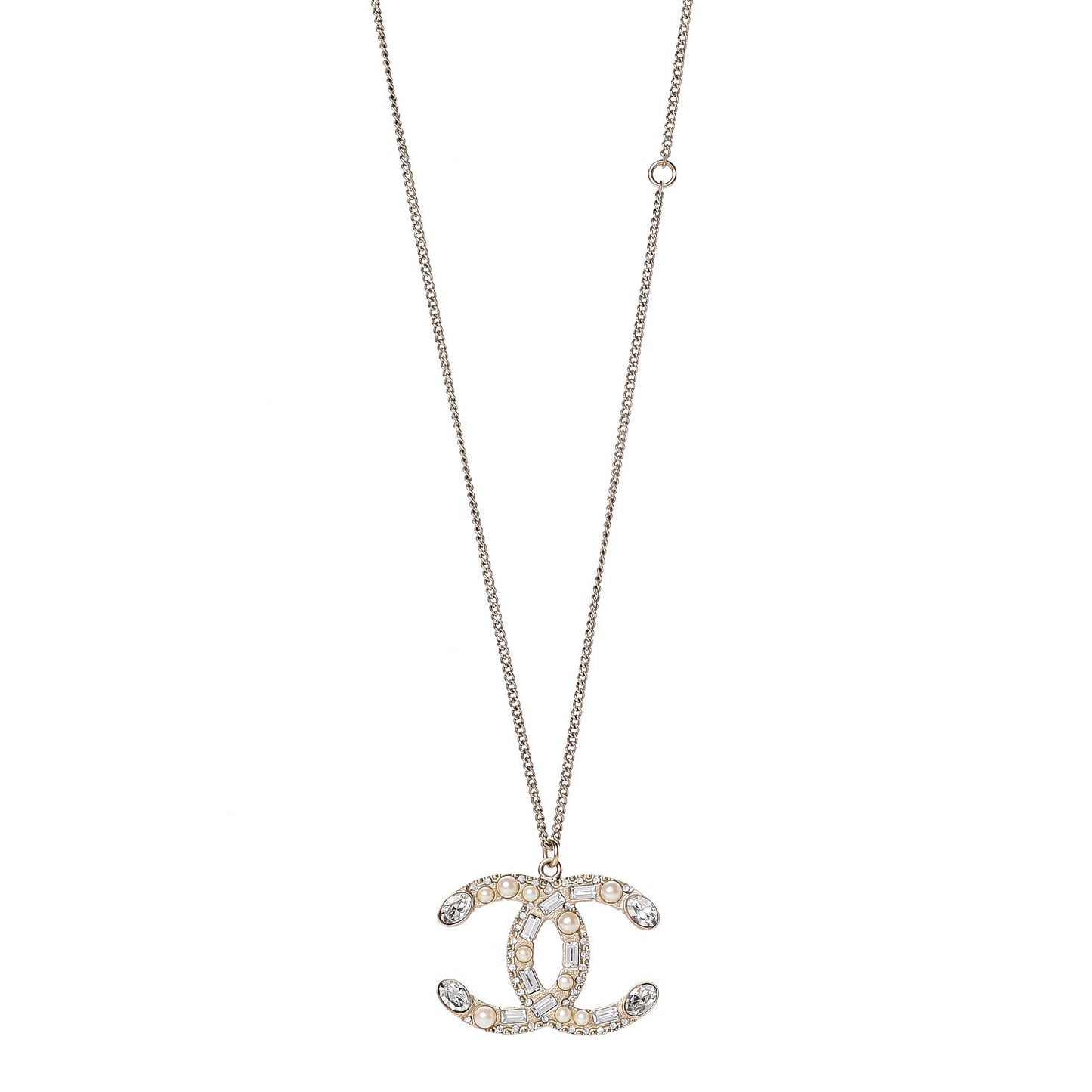 Pearl Crystal Baguette CC Pendant Necklace Gold