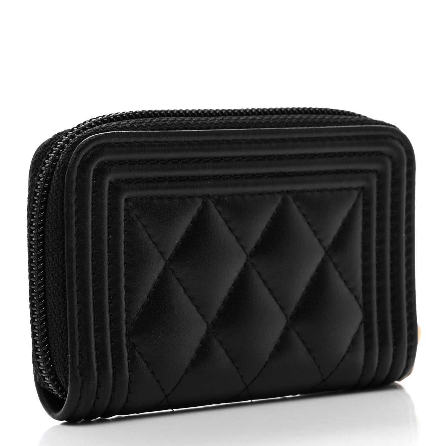 Lambskin Quilted Zip Around Boy Coin Purse Wallet Black