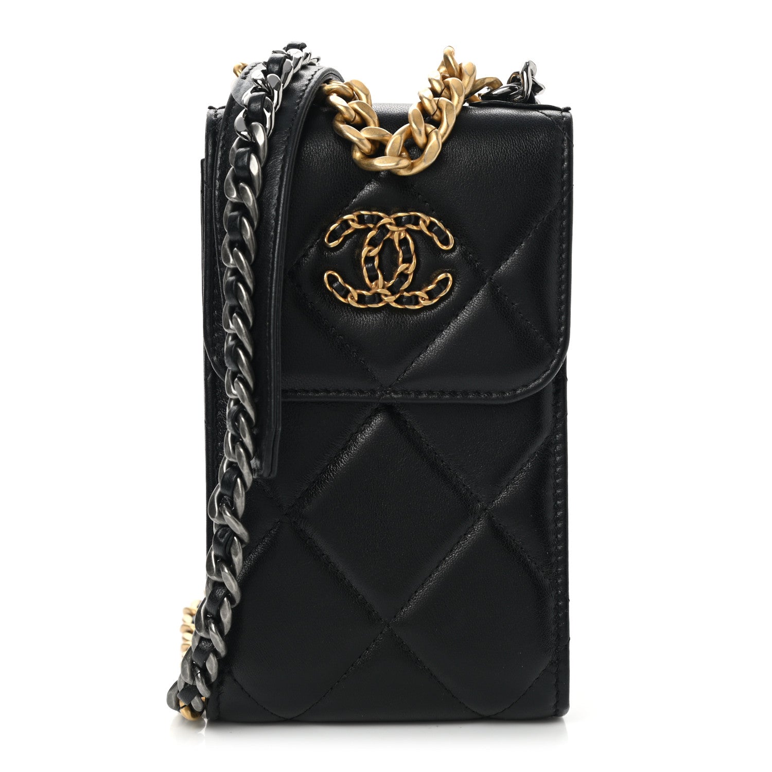 Chanel Lambskin Quilted Chanel 19 Phone Holder With Chain Black 1 of 11