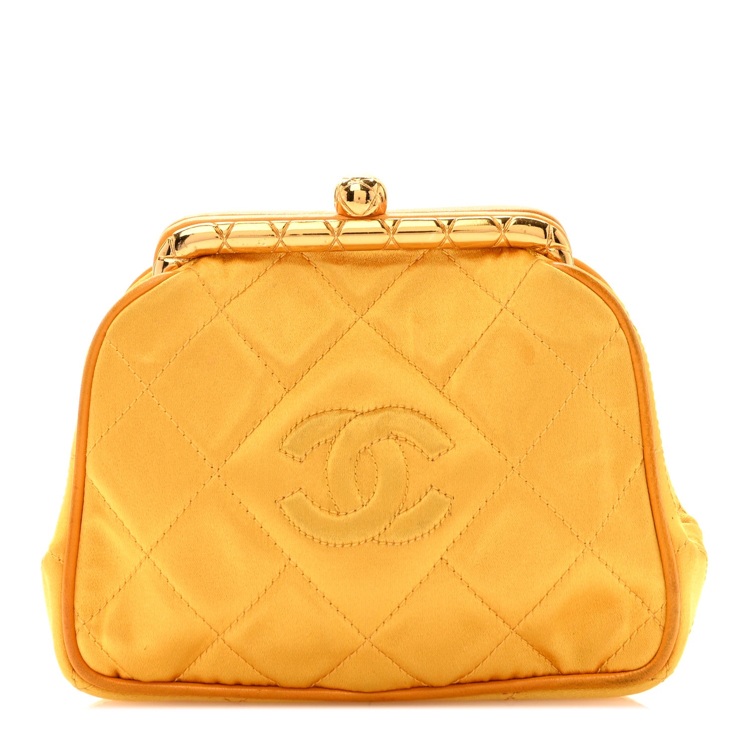 Chanel Satin Quilted CC Kiss Lock Evening Clutch Yellow 1 of 8