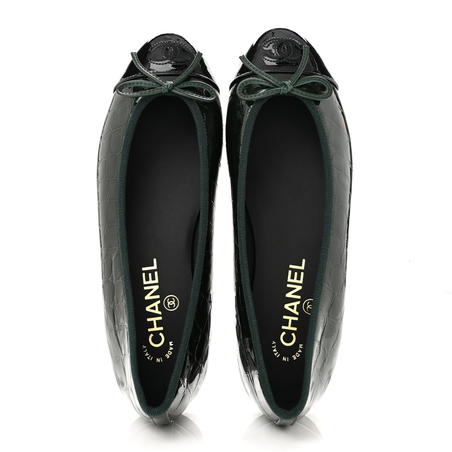 Patent Calfskin Crocodile Embossed Ballerina Flats 38 Dark Green Black