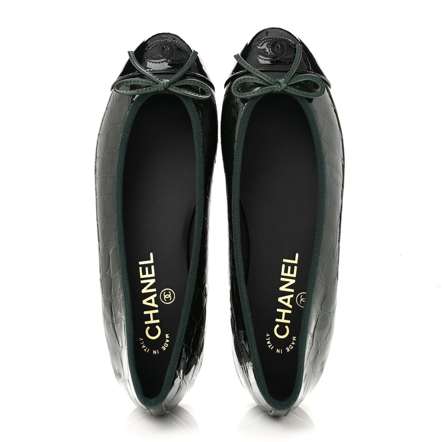 Chanel Patent Calfskin Crocodile Embossed Ballerina Flats 38 Dark Green Black 2 of 10
