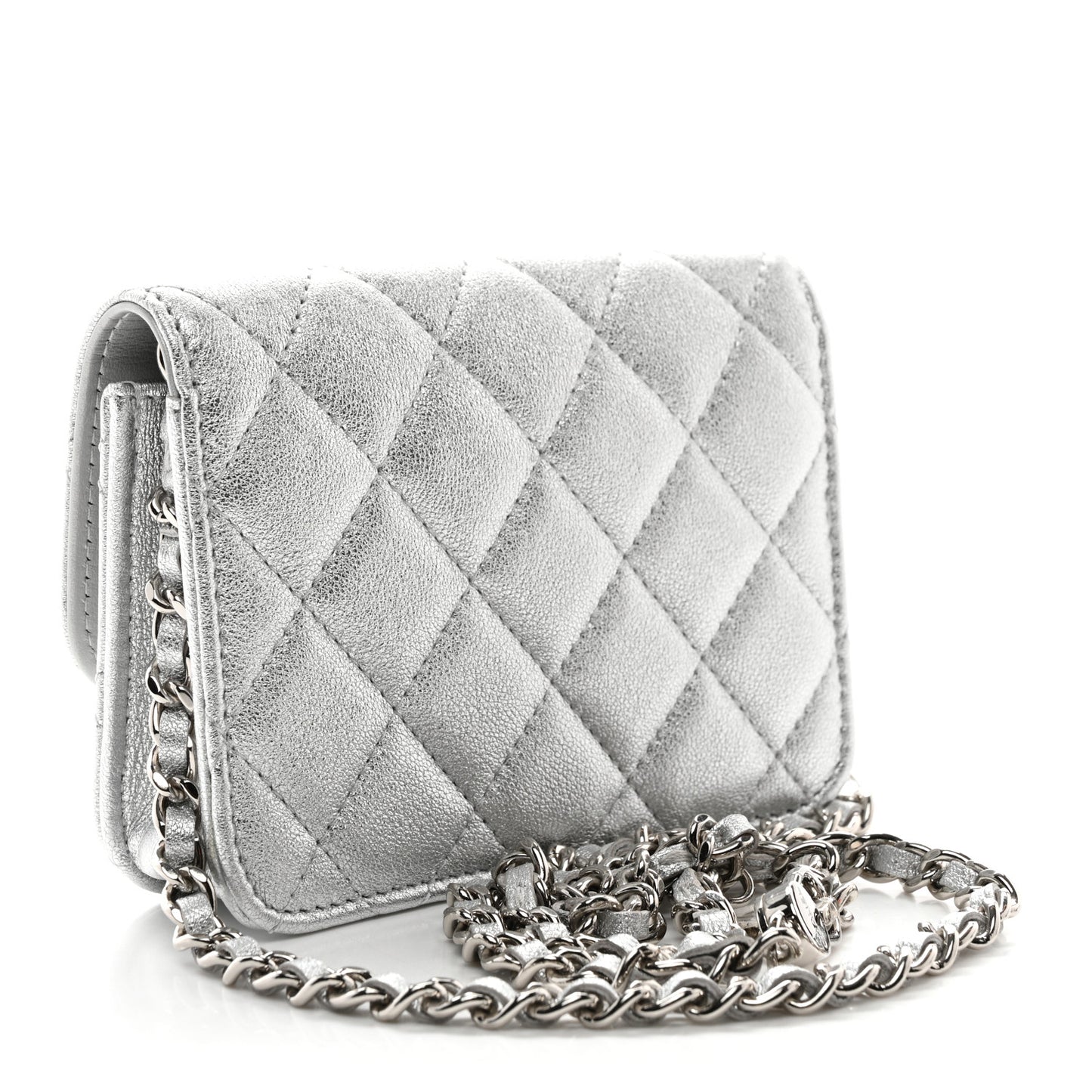 Metallic Goatskin Quilted Star Flap Waist Belt Bag Silver
