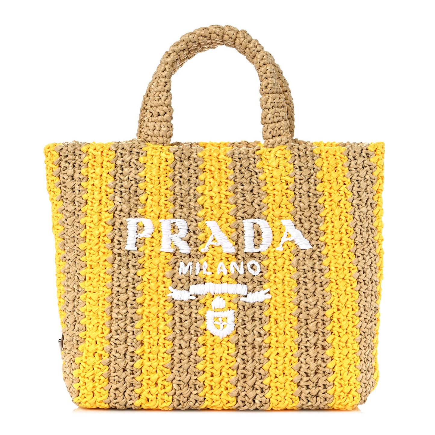 Yarn Raffia Effect Crochet Striped Small Logo Tote Naturale Giallo