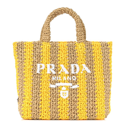 Prada Yarn Raffia Effect Crochet Striped Small Logo Tote Naturale Giallo 1 of 7