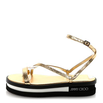 Jimmy Choo Crackled Metallic Calfskin Pine Platform Sandals 39.5 Gold 1 of 16