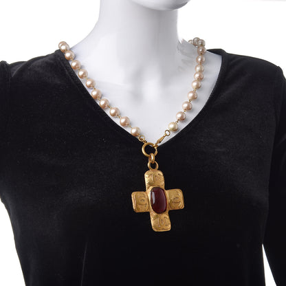 Chanel Pearl CC Cross Pendant Necklace Gold 2 of 6