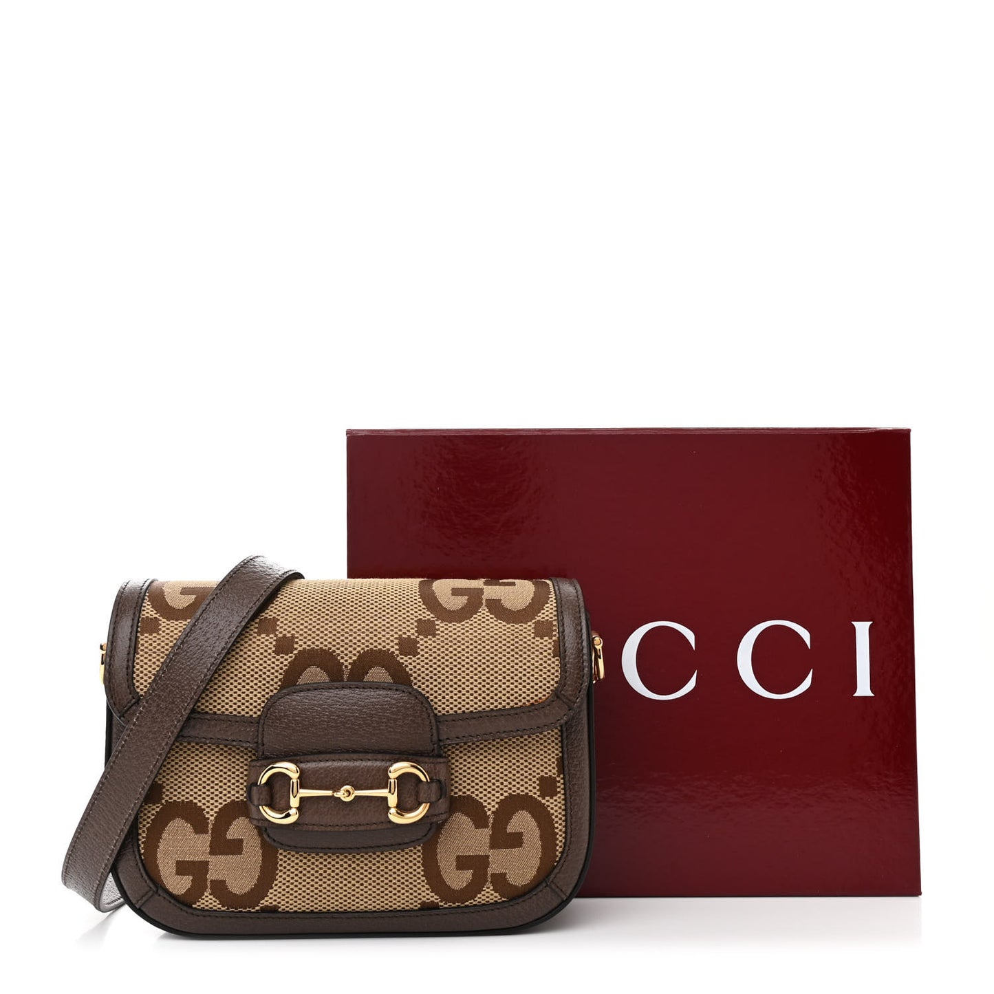 Monogram Jumbo GG Textured Dollar Calfskin Web Mini Horsebit 1955 Shoulder Bag Camel Ebony New Acero