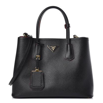Prada Saffiano Cuir Medium Double Bag Black Fuoco 1 of 12
