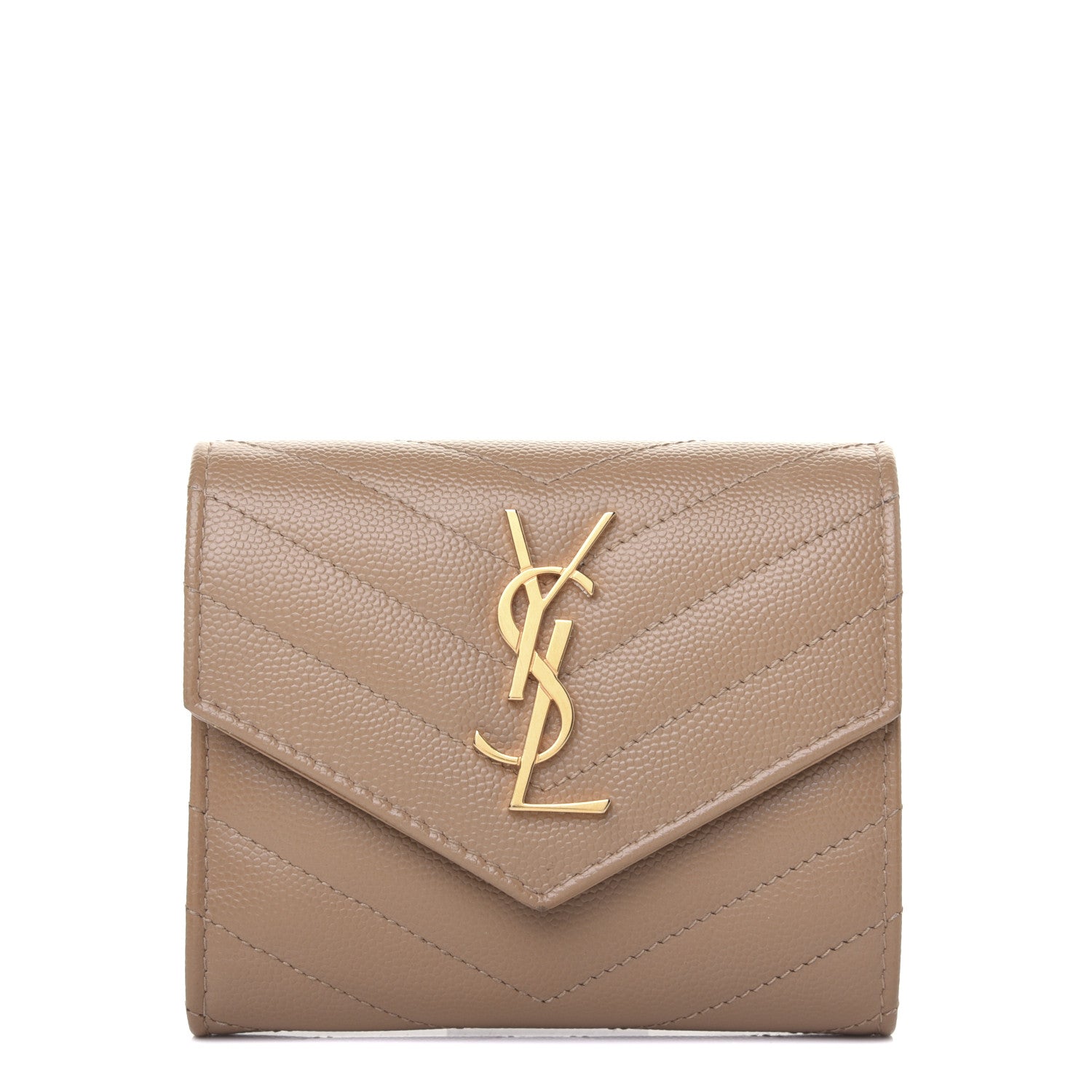 Saint Laurent Grain De Poudre Matelasse Chevron Monogram Compact Tri Fold Wallet Light Taupe 1 of 11