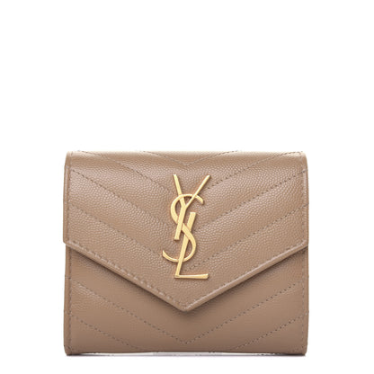 Saint Laurent Grain De Poudre Matelasse Chevron Monogram Compact Tri Fold Wallet Light Taupe 1 of 11
