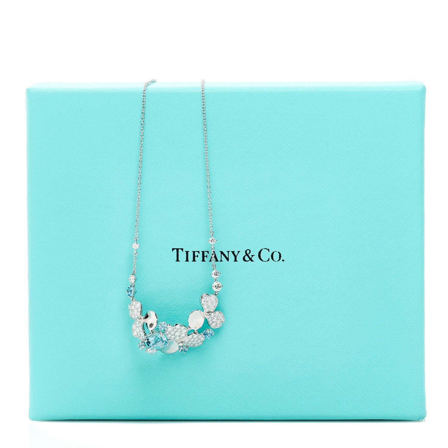 Tiffany Platinum Diamond Aquamarine Paper Flowers Cluster Pendant Necklace 6 of 6