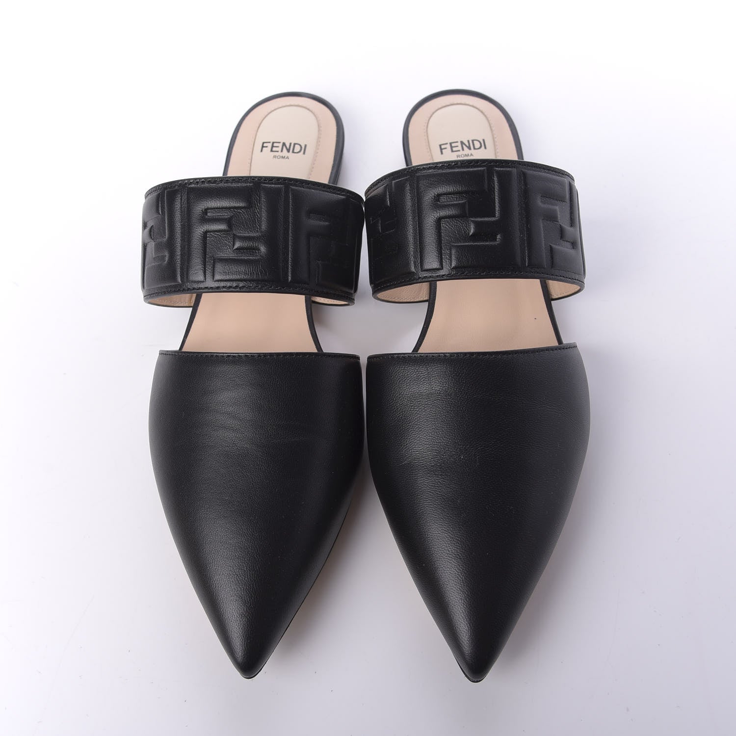Fendi Vitello FF Embossed Buckle Flat Mules 38 Black 5 of 11