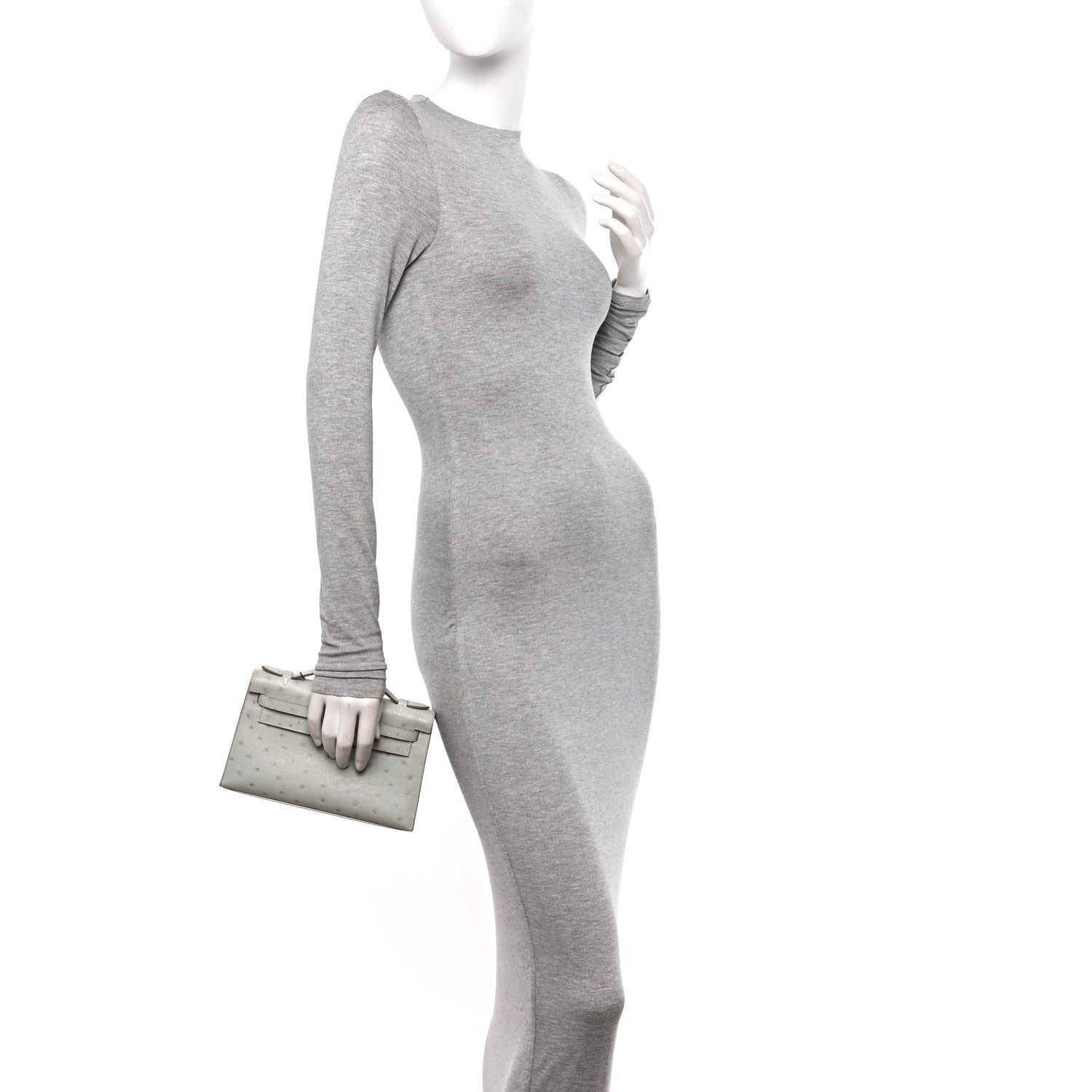 Hermes Ostrich Kelly Pochette Clutch Gris Perle 2 of 12