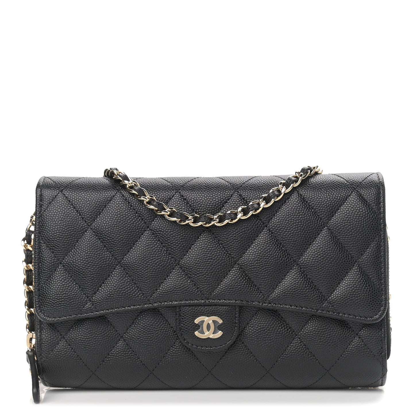 Caviar Quilted Phone Holder Wallet With Removable Chain Black