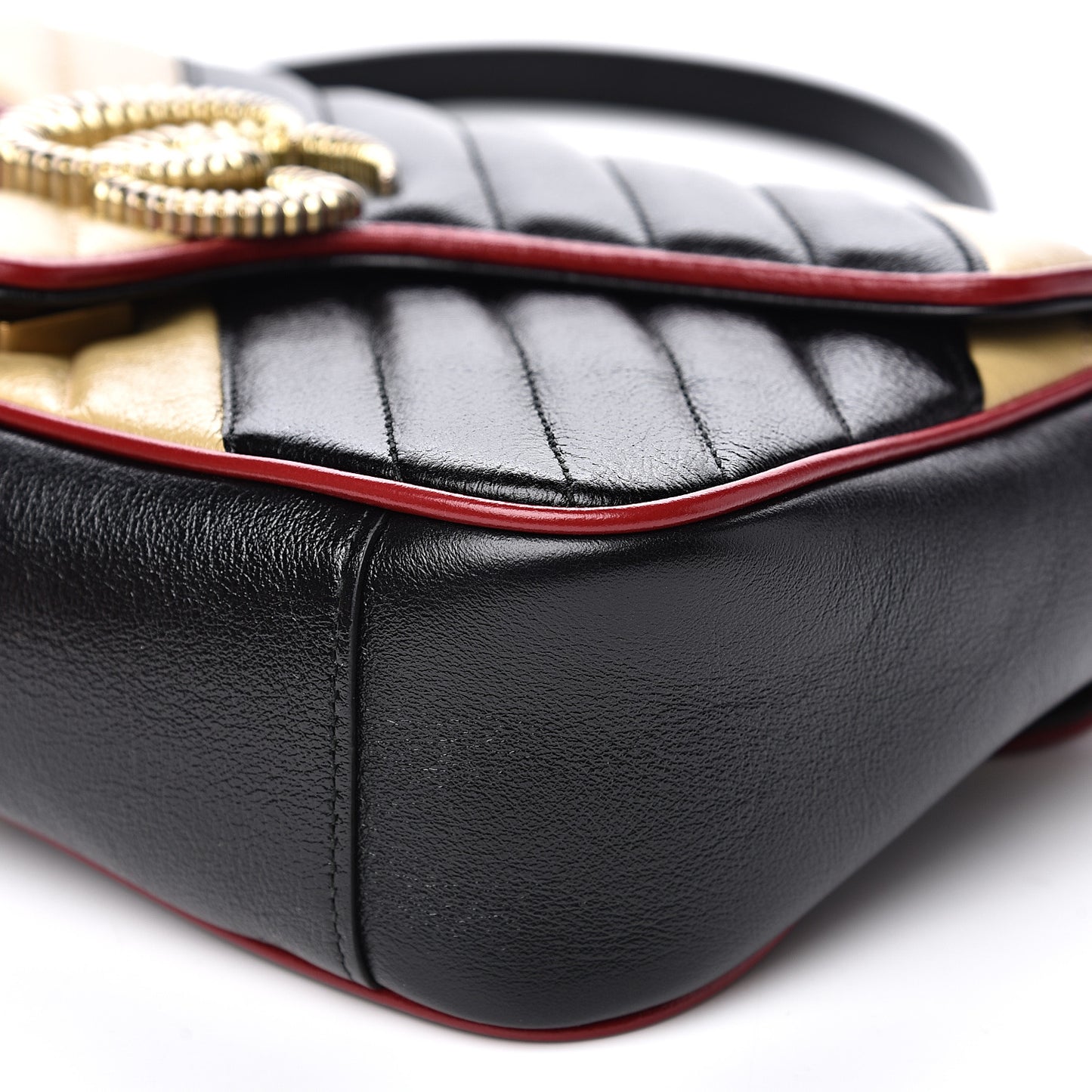 Vintage Effect Calfskin Matelasse Diagonal Striped Small Torchon GG Marmont Shoulder Bag Black Beige