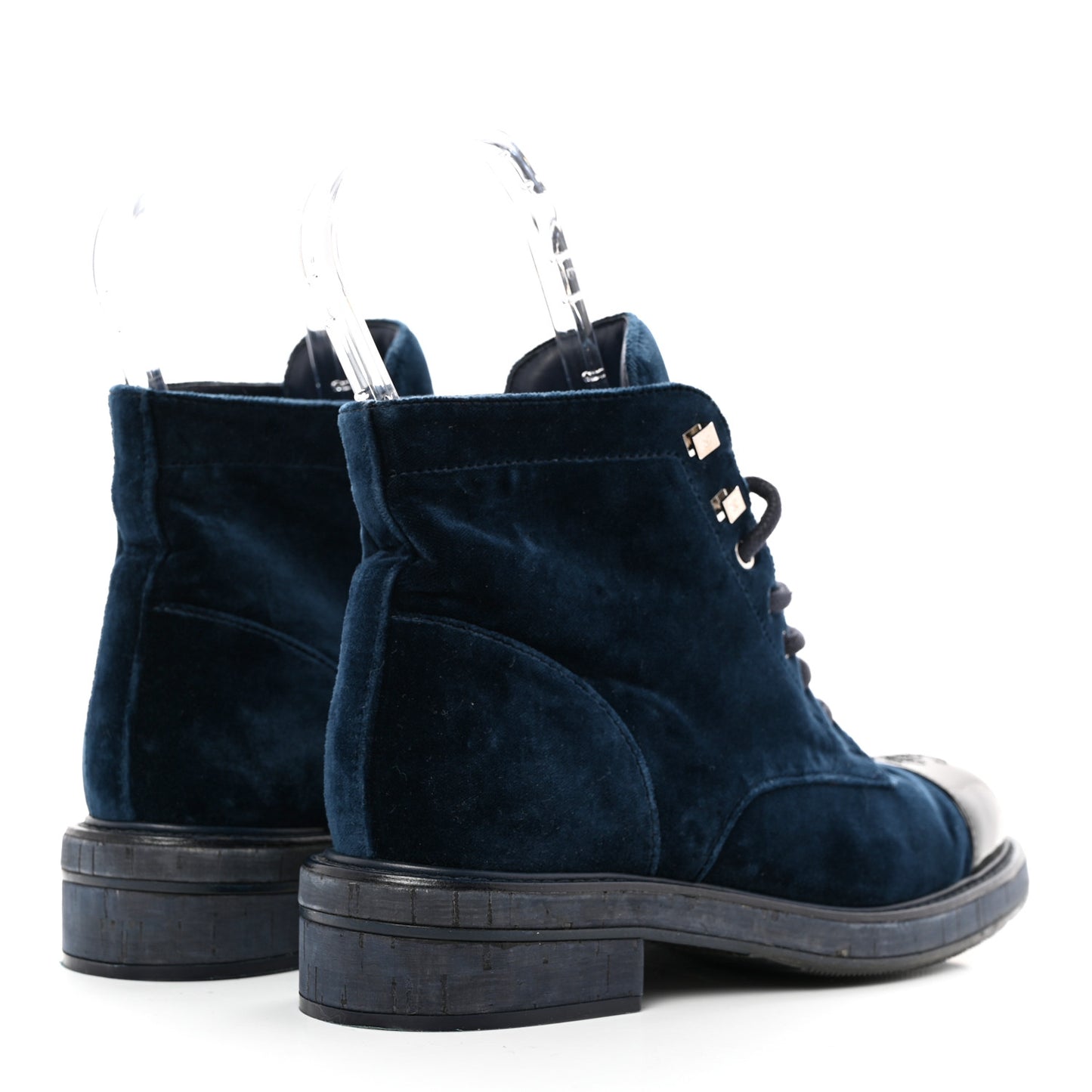 Velvet Patent Calfskin Lace Up Combat Boots 39.5 Blue Black