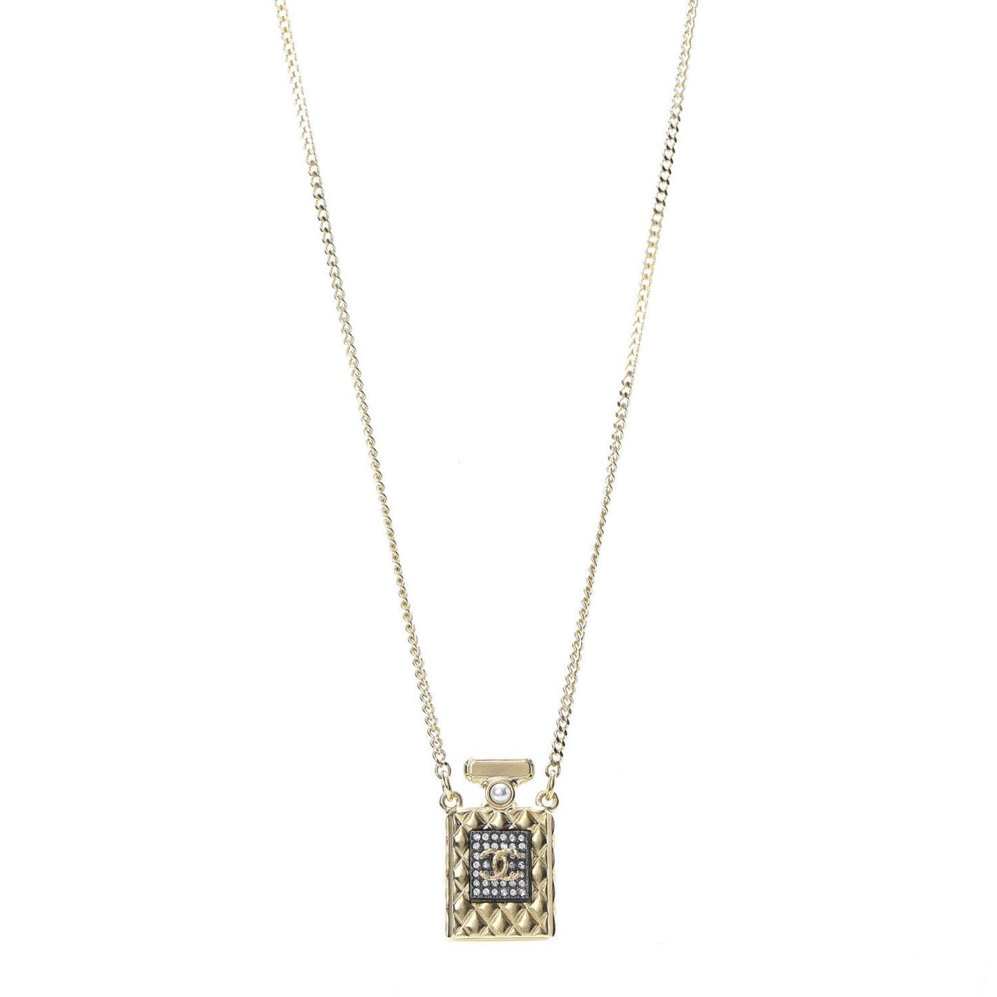 Crystal Pearl Perfume Bottle CC Necklace Black Gold
