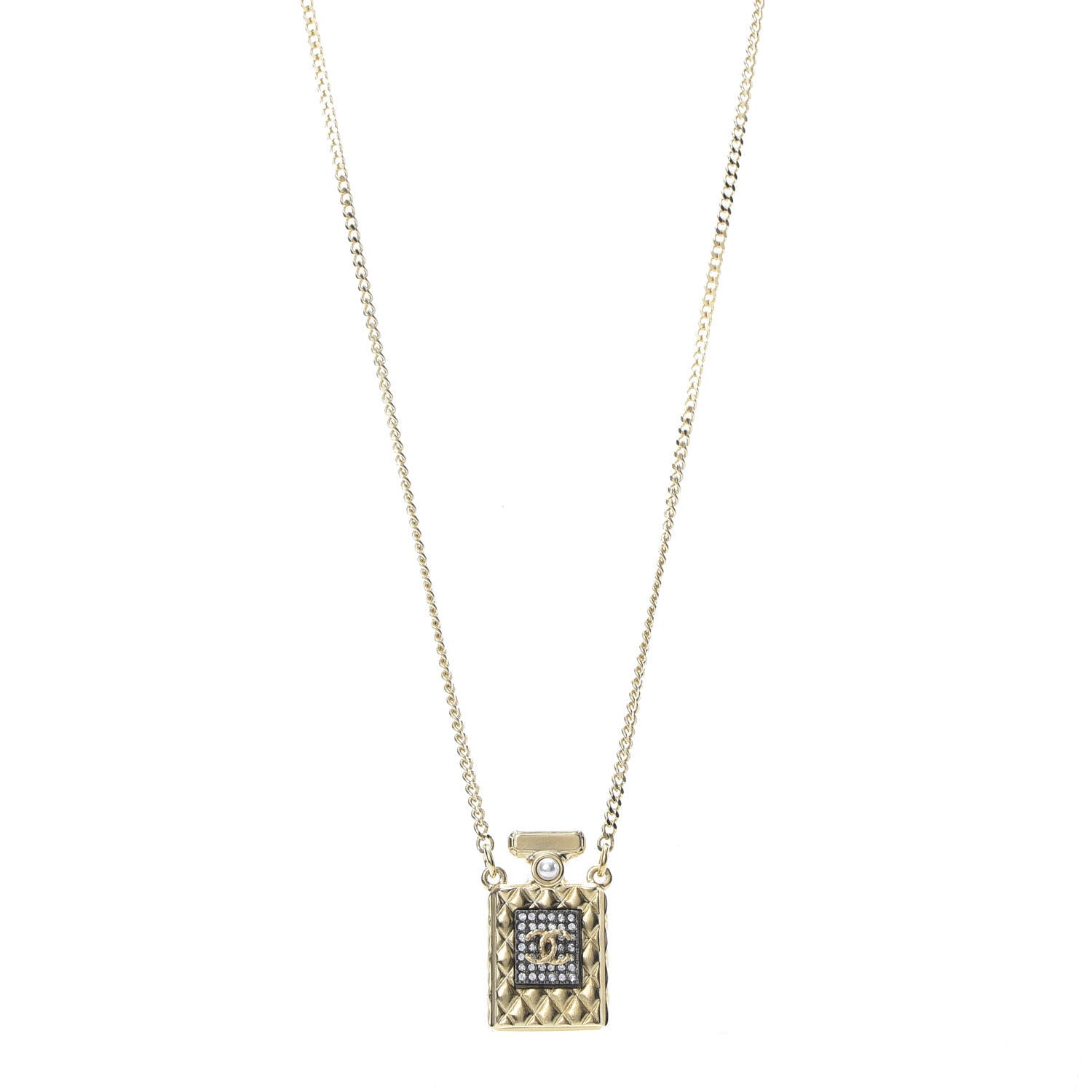 Chanel Crystal Pearl Perfume Bottle CC Necklace Black Gold 1 of 6