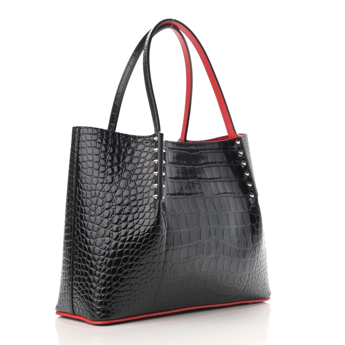 Crocodile Embossed Calfskin Spiked Small Cabarock Shopper Tote Black