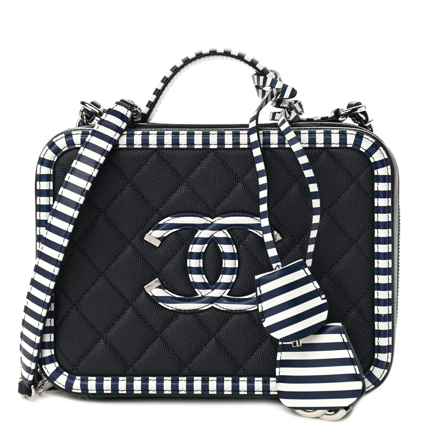 Caviar Quilted Striped Medium CC Filigree Vanity Case Navy White