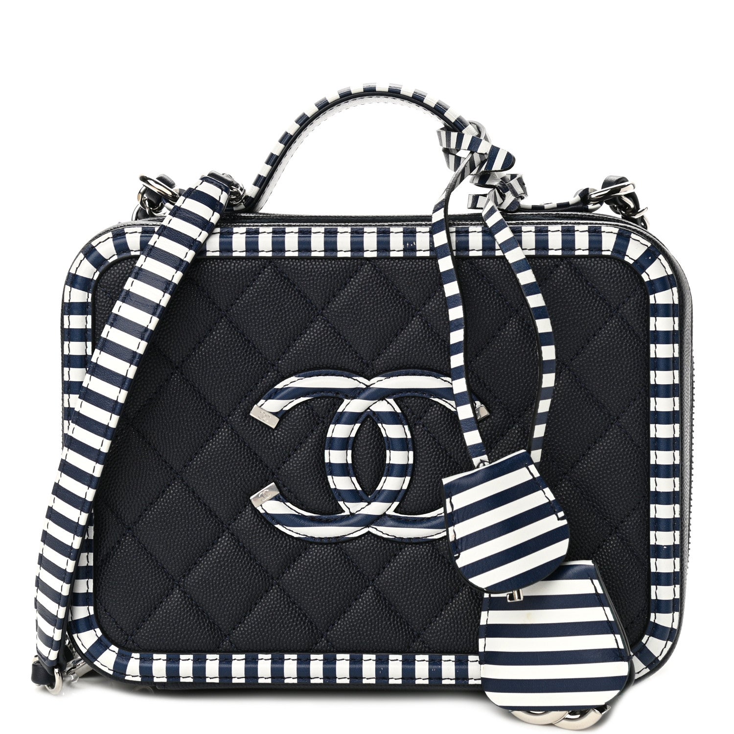 Chanel Caviar Quilted Striped Medium CC Filigree Vanity Case Navy White 1 of 11