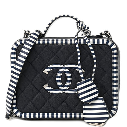 Chanel Caviar Quilted Striped Medium CC Filigree Vanity Case Navy White 1 of 11