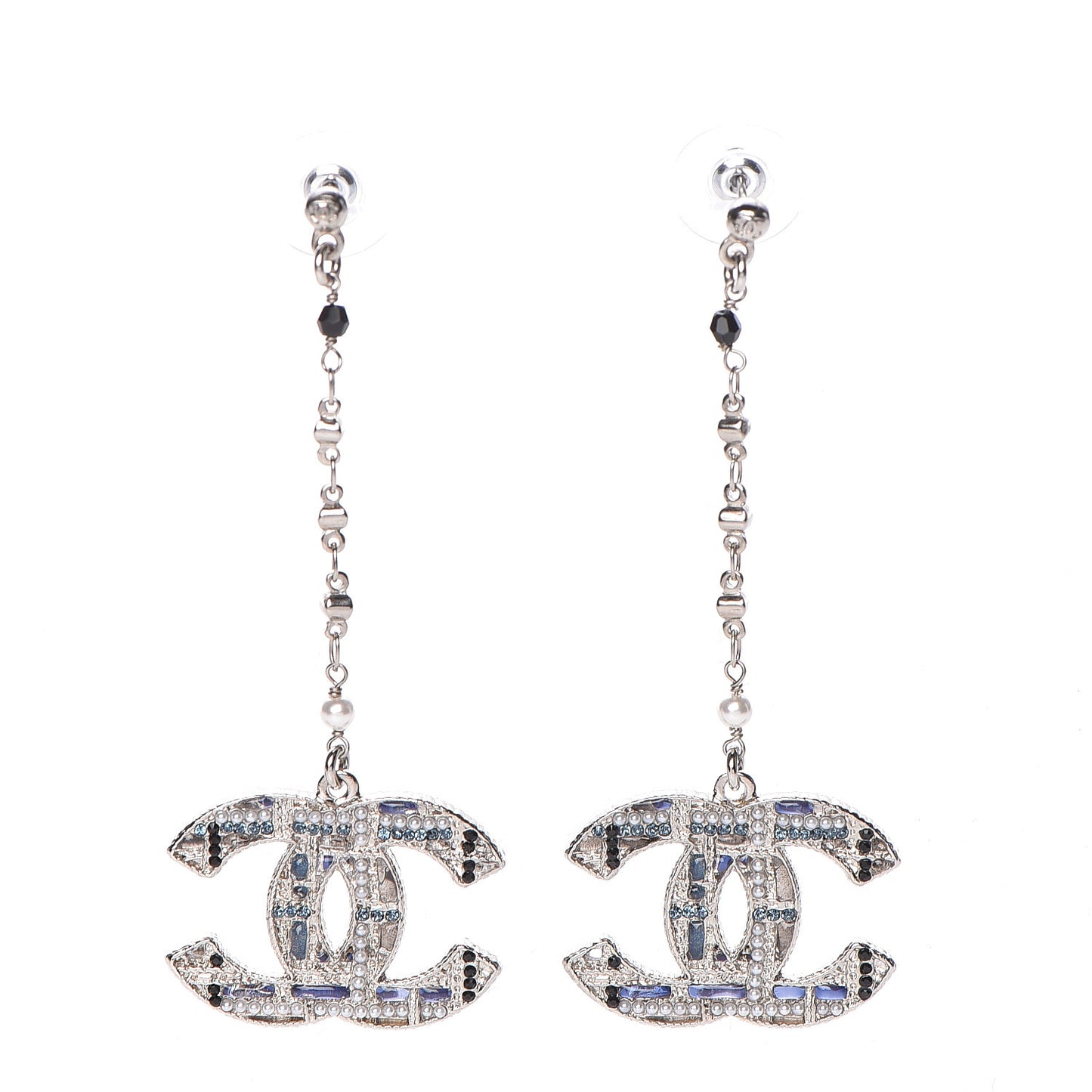 Pearl Crystal CC Tweed Drop Earrings Silver Blue Black