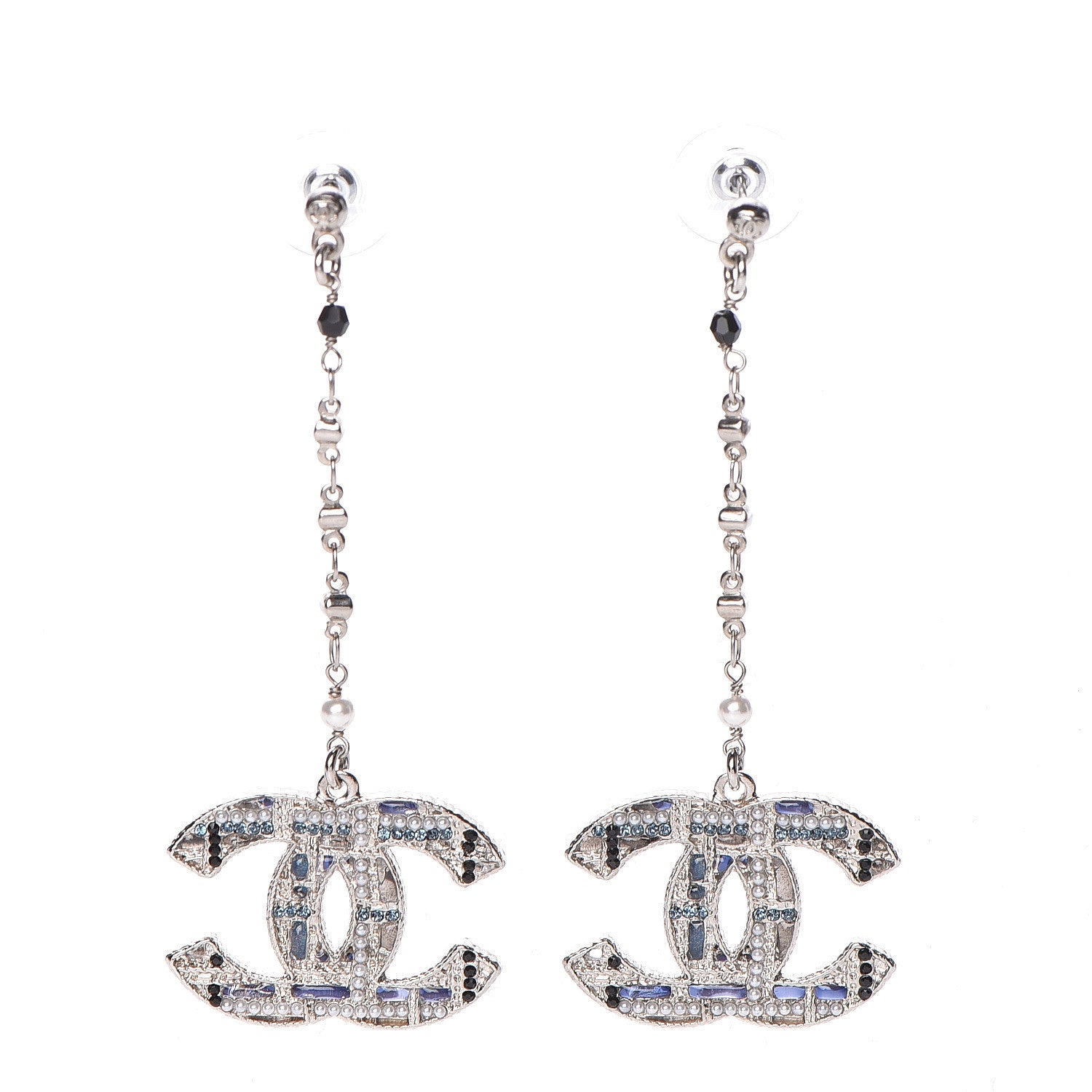 Chanel Pearl Crystal CC Tweed Drop Earrings Silver Blue Black 1 of 4